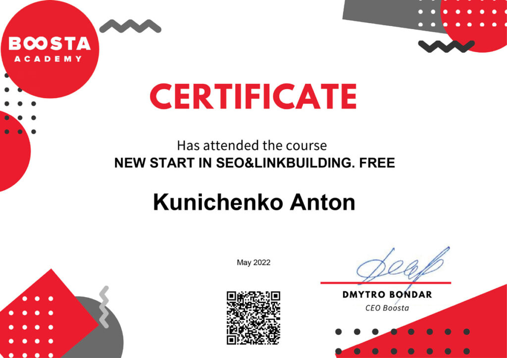 Certificate New start in SEO&linkbuilding. Free
